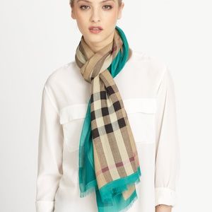 Burberry Green Haymarket Color Border Scarf/Wrap